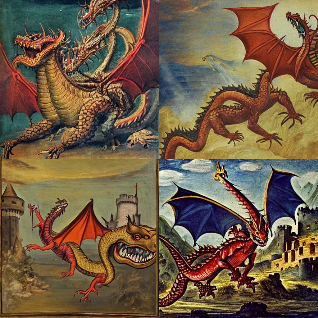 Prompt: dastardly dragon attacking a castle, 14th century, oil painting