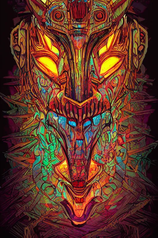 Image similar to totem animal tribal chaman vodoo mask feather gemstone plant wood rock video game illustration vivid color borderlands by josan gonzales and dan mumford radiating a glowing aura