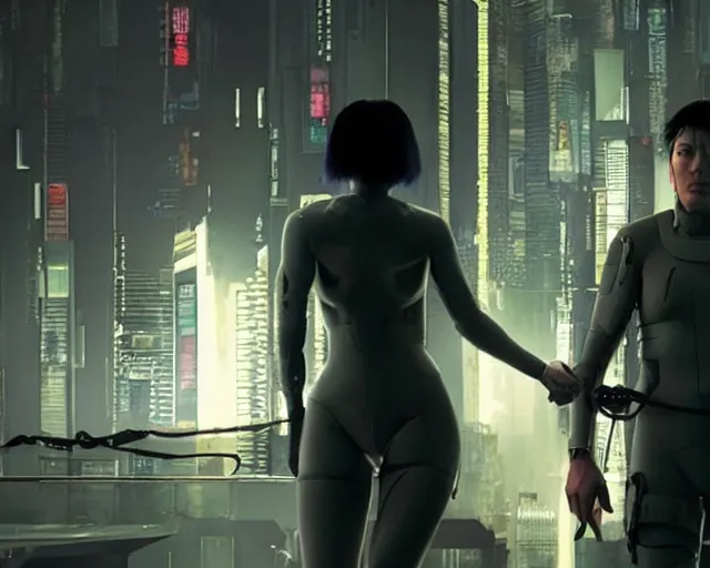 Image similar to a film still from a new ghost in the shell sequel by panos cosmatos, futuristic, cinematic lighting, highly detailed, photorealistic, high resolution