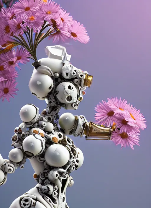 Image similar to biomechanical marble statue carrying a bottle of perfume covered in daisies, up close shot, sharp focus, global illumination, radiant light, alexandre ferra white mecha, irakli nadar, octane highly render, 4 k, ultra hd,