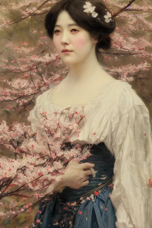 Image similar to Solomon Joseph Solomon and Richard Schmid and Jeremy Lipking victorian genre painting full length portrait painting of a young beautiful woman from japan with cherry blossoms and cherry trees