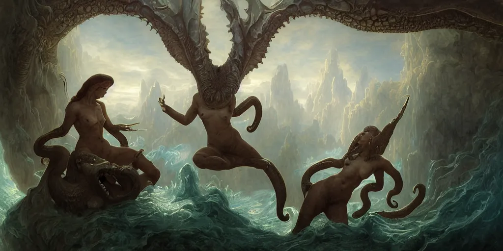 Image similar to Fantasy fairytale story, Great Leviathan Turtle, cephalopod, Cthulhu Squid, Mysterious Island, center Universe, accompany hybrid, Mystical Valkyrie Cyborg, Anubis Reptilian, Atlantean Warrior, intense fantasy atmospheric lighting, hyperrealistic, William-Adolphe Bouguereau, François Boucher, Jessica Rossier, Michael Cheval, michael whelan, Cozy, hot springs hidden Cave, Forest, candlelight, natural light, lush plants and flowers, Spectacular Mountains, bright clouds, luminous stellar sky, outer worlds, Solar Flare Unreal Engine, HD,