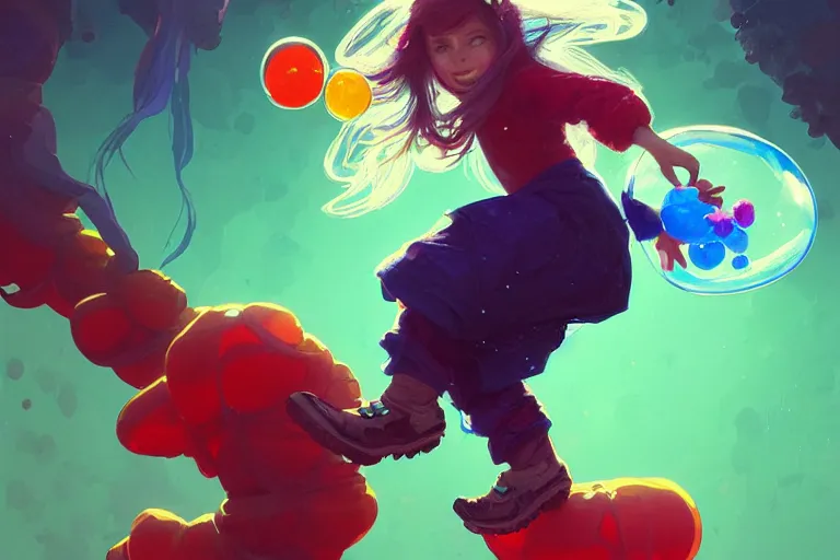 Prompt: madeline from celeste jumping to a green jelly bubble, blue bubble jacket red long hair, highly detailed, digital painting, artstation, concept art, sharp focus, illustration, art by greg rutkowski and alphonse mucha