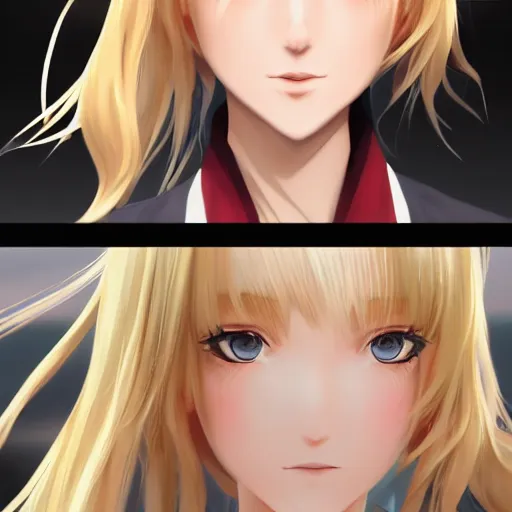 Image similar to luxury advertisement, astonishing portrait of a very beautiful anime high-school girl with blonde hair ponytail, white ribbon, full perfect face, realistic, highly detailed background, artstation, 120 degree view, drawn by Sasoura, Satchely and Akihiko Yoshida, no distortion