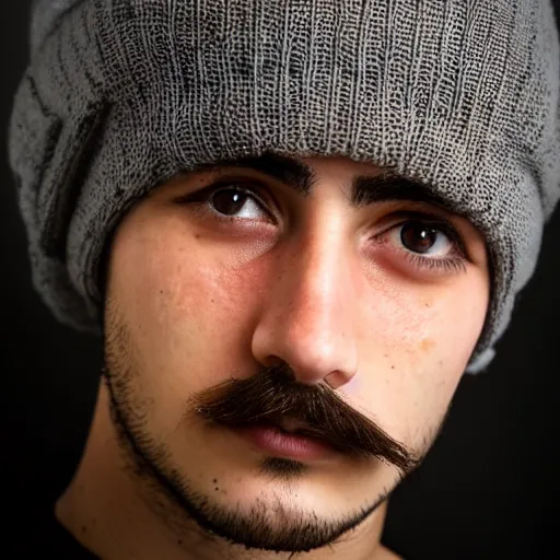 Prompt: a portrait of a 19 year old italian man. he has a mustache, and a beanie on.