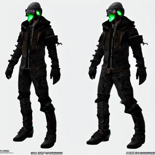 Prompt: Detailed cyberpunk rogue clothing concept art, realistic artstyle, full-body, octane render, HD, facial accuracy, symmetrical