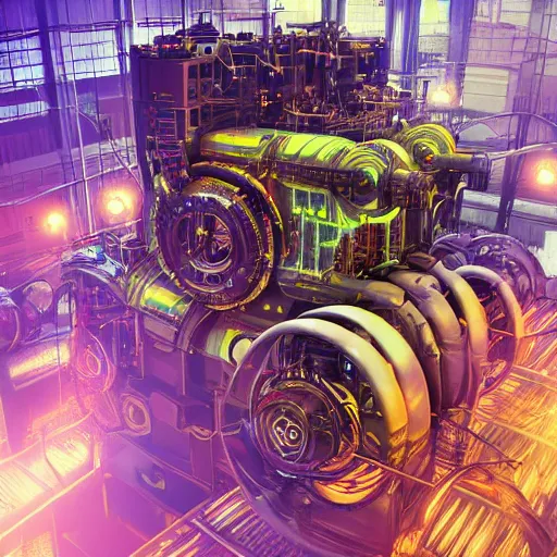 Prompt: album art, tripmachine, album is called tripmachine, photo of a huge futuristic dieselpunk generator inside a steampunk machinery, 8 k, fluorescent colors, halluzinogenic, multicolored, exaggerated detailed, front shot, 3 d render, octane