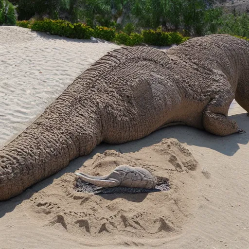 Prompt: sleeping sauropod, sandcastle, realistic