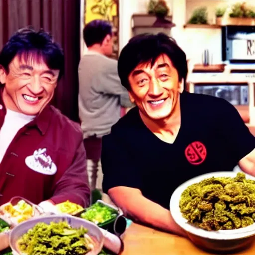 Prompt: Jackie Chan and Shaq cannabis mukbang iron chef 1996 DVD rip