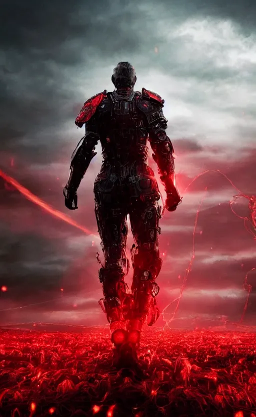 Image similar to a distant armored warrior with a sword, a sea of red thread in the background, dark shapes in the background, cinematic, highly detailed, movie poster