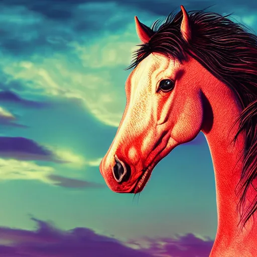 Prompt: digital art horse, retrowave palette, highly detailed, anatomically correct equine, synth feel, smooth face, ear floof, flowing mane, no reins, super realism, accurate animal imagery, 4 k