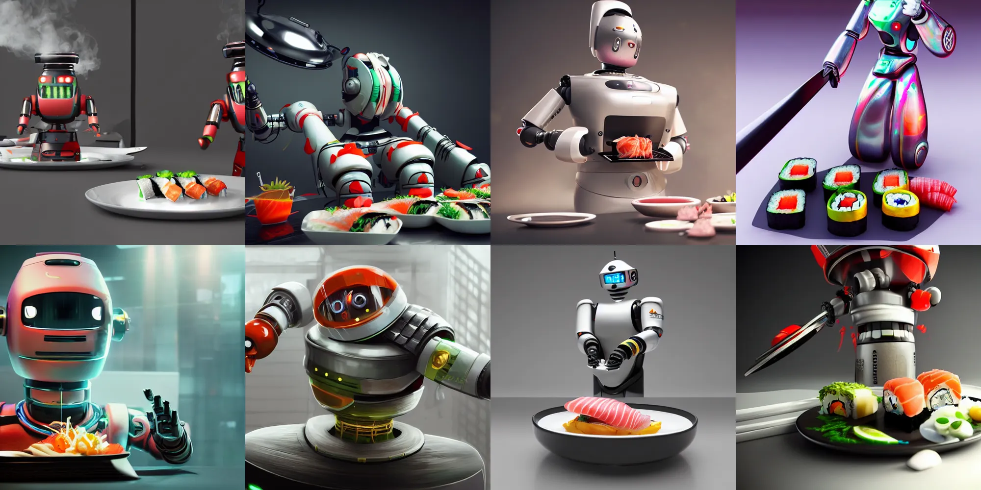 Prompt: sushi robot chef, cyberpunk style, artistic, octane render