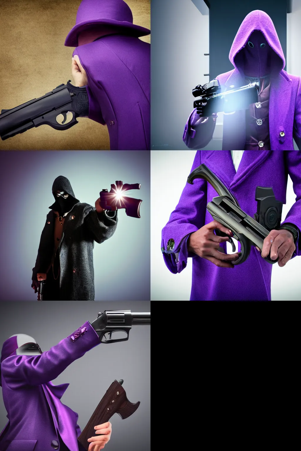 Prompt: mysterious figure in a purple coat holding a revolver at the camera, ultra detailed, 8k, steampunk