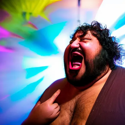 Prompt: a fat gipsy man screams into a mic during a huge party, award winning photograph, colorful