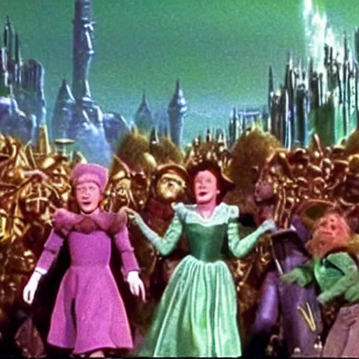 Image similar to emerald city from the wizard of oz being stormed by trump supporting munchkins,