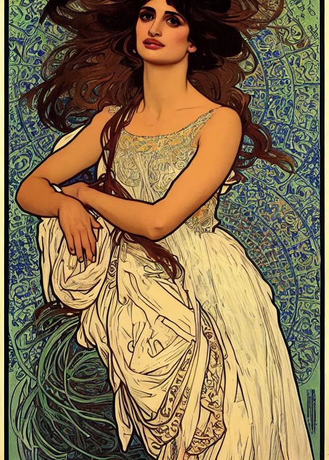 Image similar to portrait of penelope cruz, artwork by alphonse mucha