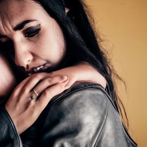 Prompt: Hot young woman, grey skin, void eyeballs, tattoos, wearing a leather jacket, hugging a shrouded person as they cry on her chest