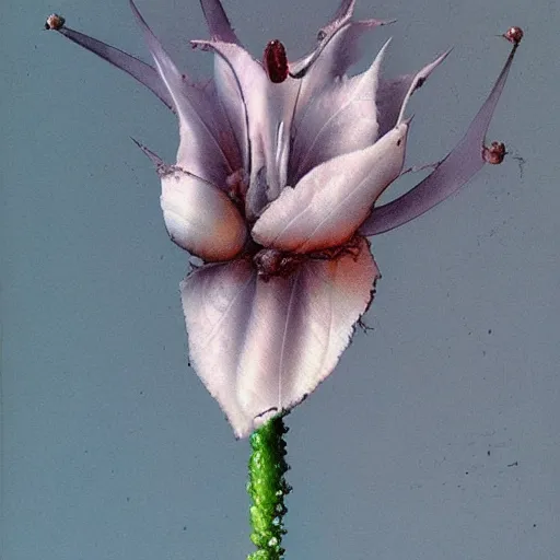 Image similar to bleak by peter andrew jones pearlescent. the mixed mediart is a beautiful & haunting work of art of a series of images that capture the delicate beauty of a flower in the process of decaying. the colors are muted & the overall effect is one of great sadness.