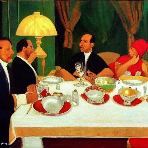 Image similar to president muhammadu buhari sitted at a lavish banquet with shiny trays and dishes with food minimalist solid background the great feast regal ornamental, iridescent in the style of edward hooper and henri matisse oil painting