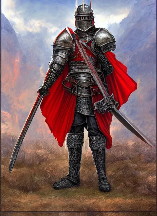 Prompt: A single Red Knight standing guard over the castle's gate, fantasy, artstation, highly detailed, 4k, digital painting, portrait by Larry Elmore