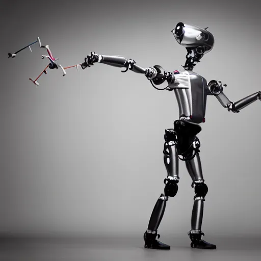 Image similar to weird humanoid robot juggling 5 clubs, glamour shot