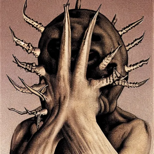 Prompt: cornhand portrait of mutant with horn in form of hand, anime, hand transplanted to head, surgery, bump in form of hand, growth on head, hippo, unicorn by zdzisław beksinski, from the tusk movie, greeting hand on head