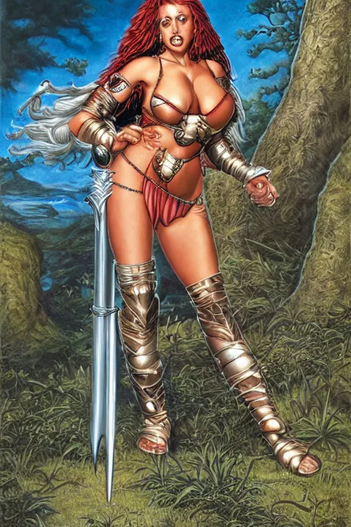 Image similar to Kagney Linn Karter as a beautiful female warrior by larry Elmore, Jeff easley and Boris Valejo and Julie Bell