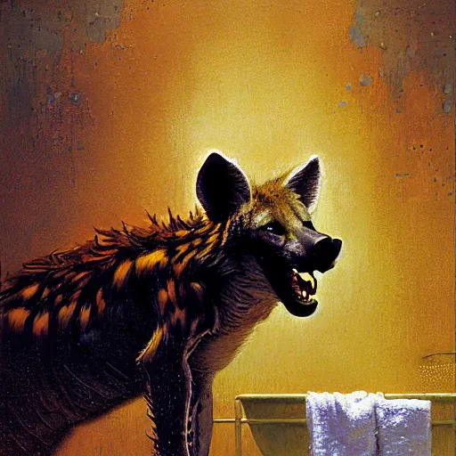 Image similar to portrait of a male hyena wolf wearing towel in front of a bath. shadowrun furaffiniy cyberpunk fantasy highly detailed painting by gaston bussiere craig mullins jc leyendecker gustav klimt artgerm greg rutkowski john berkey, bergey, craig mullins, ruan jia, raymond swanland, jeremy mann, tom lovell, alex malveda