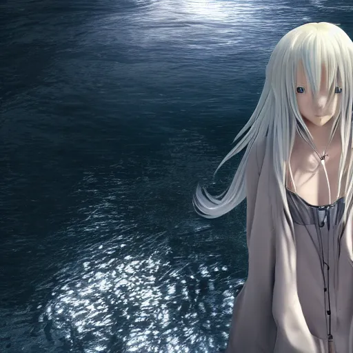 Image similar to a long white haired anime character holding out his hand in front of a body of water, a screenshot by michelangelo, deviantart contest winner, vanitas, official art, unreal engine 5, unreal engine. tetsuya nomura. ray tracing hdr. 8 k. uhd. sharp focus. highly detailed. masterpiece. anime render. cinematic lighting. lifelike.