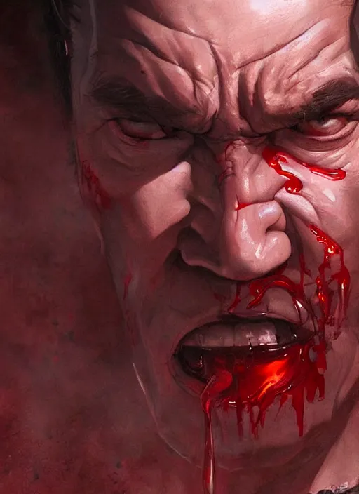 Image similar to Quentin Tarantino drinking a mug of blood, face close up, elegant, digital painting, concept art, smooth, sharp focus, illustration, from StarCraft by Ruan Jia and Mandy Jurgens and Artgerm and William-Adolphe Bouguerea