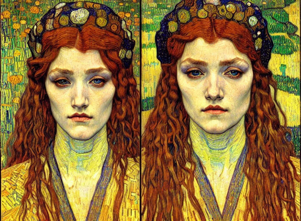 Image similar to detailed realistic beautiful young medieval queen face portrait by jean delville, gustav klimt and vincent van gogh, art nouveau, symbolist, visionary, gothic, pre - raphaelite, muted earthy colors, desaturated