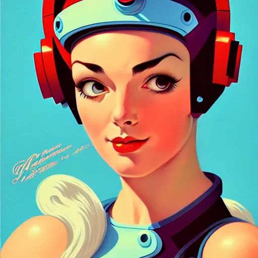 Prompt: head and shoulders portrait of a female Megaman, illustration, medium shot, intricate, elegant, highly detailed, digital art, ffffound, art by gil elvgren and sachin teng