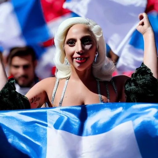 Image similar to Lady Gaga as president, Argentina presidential rally, Argentine flags behind, bokeh, giving a speech, detailed face, Argentina