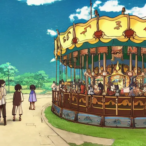 Image similar to a fantasy carousel in the style of studio ghibli, makoto shinkai