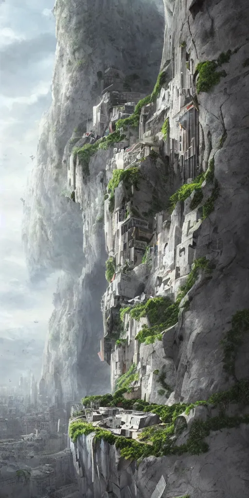 Prompt: a painting of a city built into the side of a cliff, a detailed matte painting by morphosis and daniel libeskind, nature meets architecture, cgsociety, fantastic realism, matte painting, terragen, artstation hq