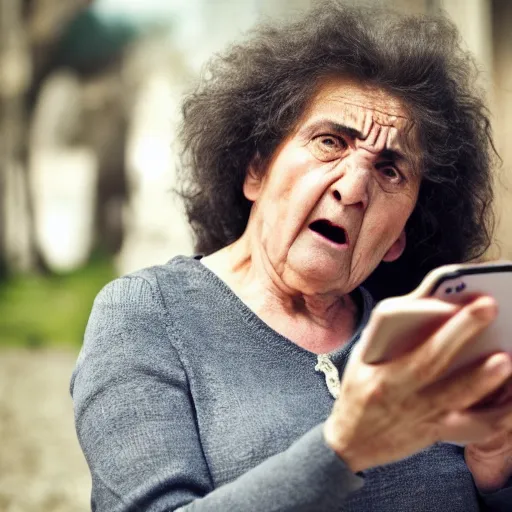 Image similar to astonished older lady looking at smartphone angrily, wild hair, greek ethnicity, angry eyes,