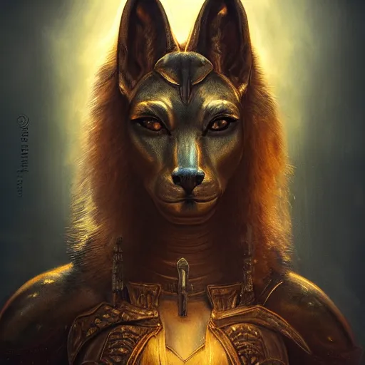 Image similar to majestic gracious anubis female warrior portrait, menacing, atmospheric lighting, painted, menacing, overpowering, intricate, volumetric lighting, beautiful, rich deep colours masterpiece, golden hour, sharp focus, ultra detailed, by leesha hannigan, ross tran, thierry doizon, kai carpenter, ignacio fernandez rios