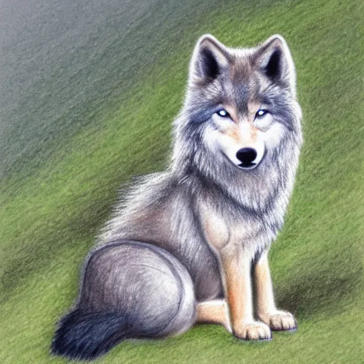 Image similar to rear view of fluffy baby grey wolf sitting on the shore of a pond looking out at the sunset, colored pencil on white background by eloise wilkin