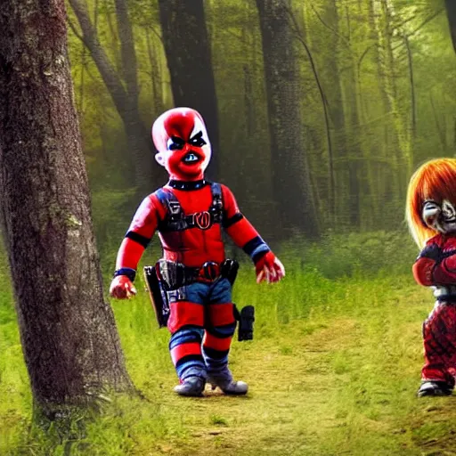 Prompt: chucky the doll and deadpool in the woods together digital art 4 k detailed super realistic