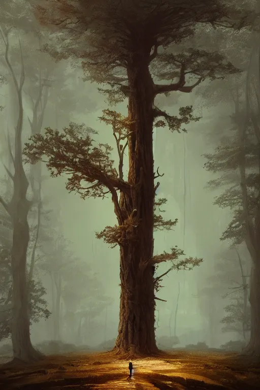 Image similar to The lonely tree in the middle of the forest, illustrated by Greg Rutkowski and Caspar David Friedrich., Trending on artstation, artstationHD, artstationHQ, 4k, 8k