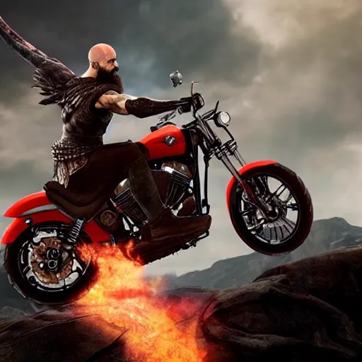 Image similar to kratos jumping a black harley - davidson motorcycle off a cliff, cinematic render, playstation studios official media, god of war 2 0 1 8, flames, centered