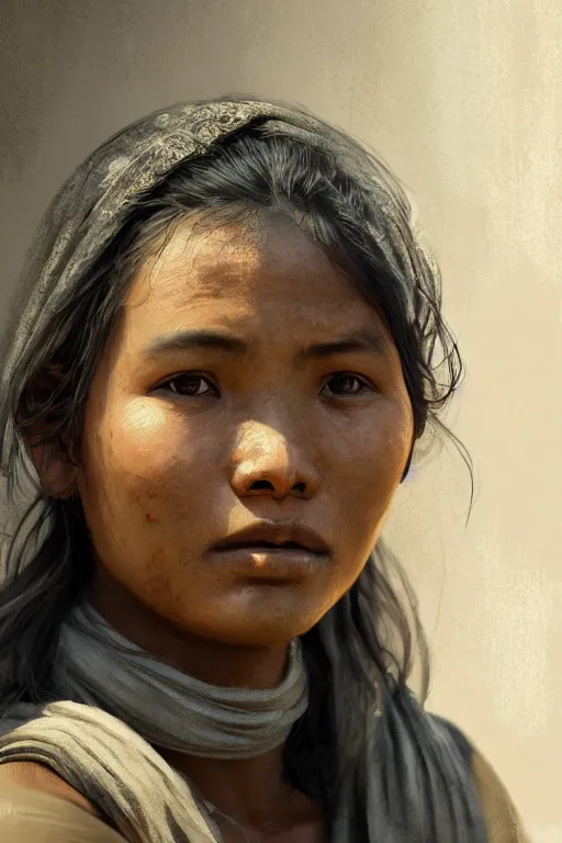 Image similar to a young nepalese woman, close-up portrait, poor, intricate, elegant, volumetric lighting, scenery, digital painting, highly detailed, artstation, sharp focus, illustration, concept art,ruan jia, steve mccurry