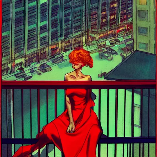 Image similar to a beautiful artwork of a woman in red dress sitting on the balcony of a hotel at night, top view, by Jerome Opeña, featured on artstation