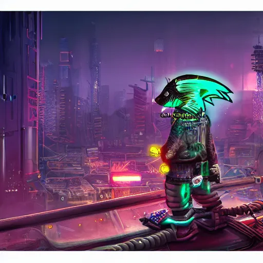 Image similar to a mechanical skunk cyborg polluting a post-apocalyptic city, digital art, highly detailed, intricate, sci-fi, neon colors, sharp focus, Trending on Artstation HQ, deviantart, unreal engine 5, 4K UHD image