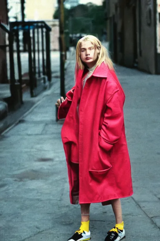 Image similar to high quality realistic street photo of girl, blond hair, clothes in the style of 1 9 9 0, sneakers, lowered socks, loose coat ; kodak ektar, 2 0 0 iso, 3 5 mm lens, bill henson style beautiful chiaroscuro lighting, beautiful colour palette, beautiful and realistic, wide shot