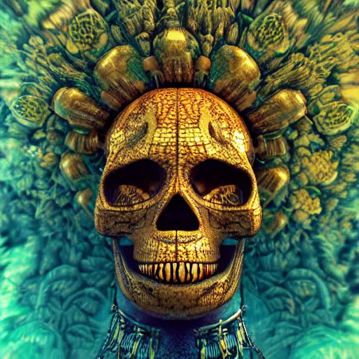 Prompt: a golden skull face african electric shaman with an afro made of flowers, third eye art art by machina infinitum, complexity from simplicity, rendered in octane, mandelbulb 3 d, ambient occlusion, macro photography, tribal, retrowave