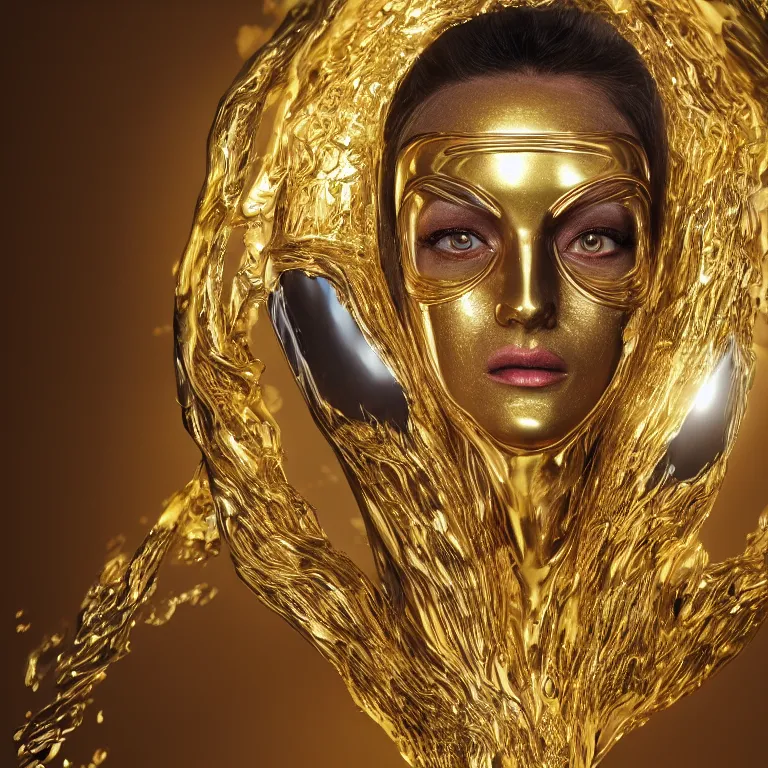 Prompt: octane render portrait by wayne barlow and carlo crivelli and glenn fabry, the ultra - sharp smooth perfect symmetrical face of a beautiful woman wearing a shiny reflective chrome zoro mask over her eyes, inside a giant massive wave of liquid gold and jewels, cinema 4 d, ray traced lighting, very short depth of field, bokeh