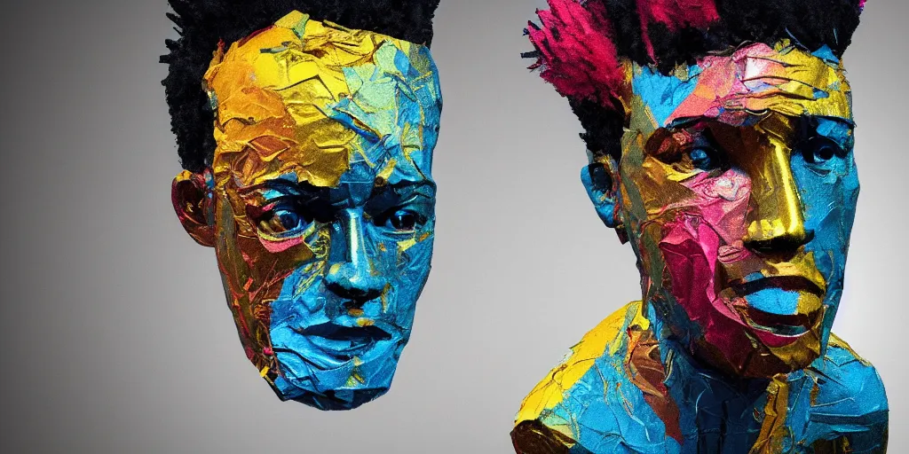 Image similar to a perfect bust of Jean-Michel Basquiat made out of crumpled colored foil, 3D cinematic lighting, spotlight at a 90 DEGREE ANGLE, photorealism, octane render, depth of field, 8k, 35mm, artgem, Trending on artstation