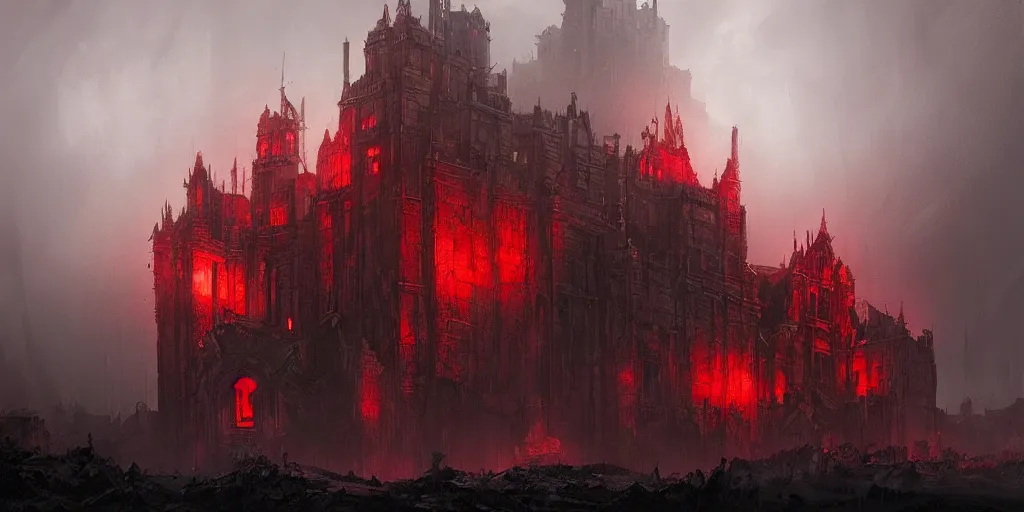 Image similar to grimdark fantasy fortress, terrifying architecture, looming, dark, fog, atmospheric red lighting, flying chaos creatures, dark souls, hyperrealistic, art by sparth