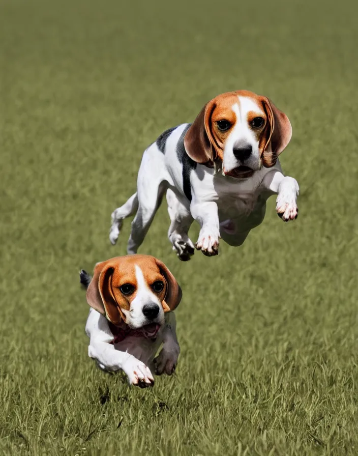 Image similar to a beagle running in a field . intricate artwork by art-station. octane render, cinematic, hyper realism, 8k, depth of field.